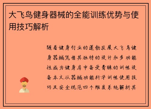 大飞鸟健身器械的全能训练优势与使用技巧解析
