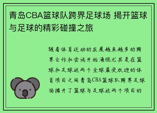 青岛CBA篮球队跨界足球场 揭开篮球与足球的精彩碰撞之旅
