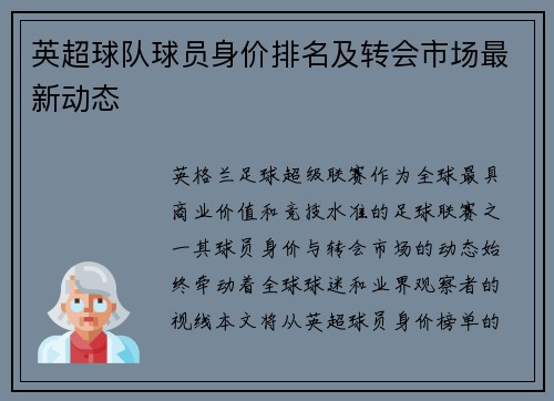 英超球队球员身价排名及转会市场最新动态